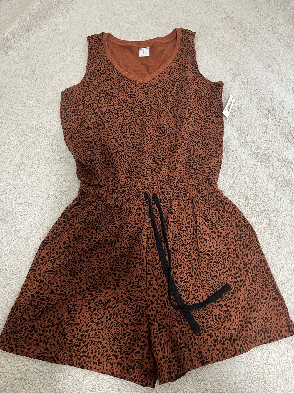 Amazon Rust Brown and Black Sleeveless V-Neck Romper with Drawstring